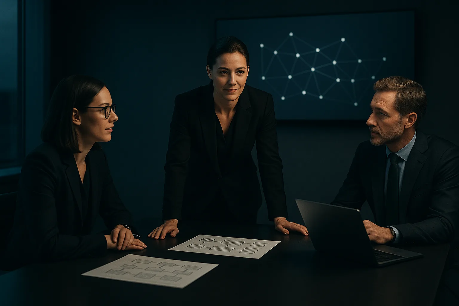 Equipe de consultoria analisando diagramas de processos em uma sala de reunião escura