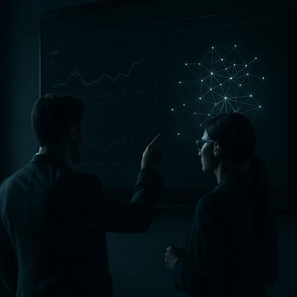 Dois profissionais analisando um painel de indicadores em uma tela grande
